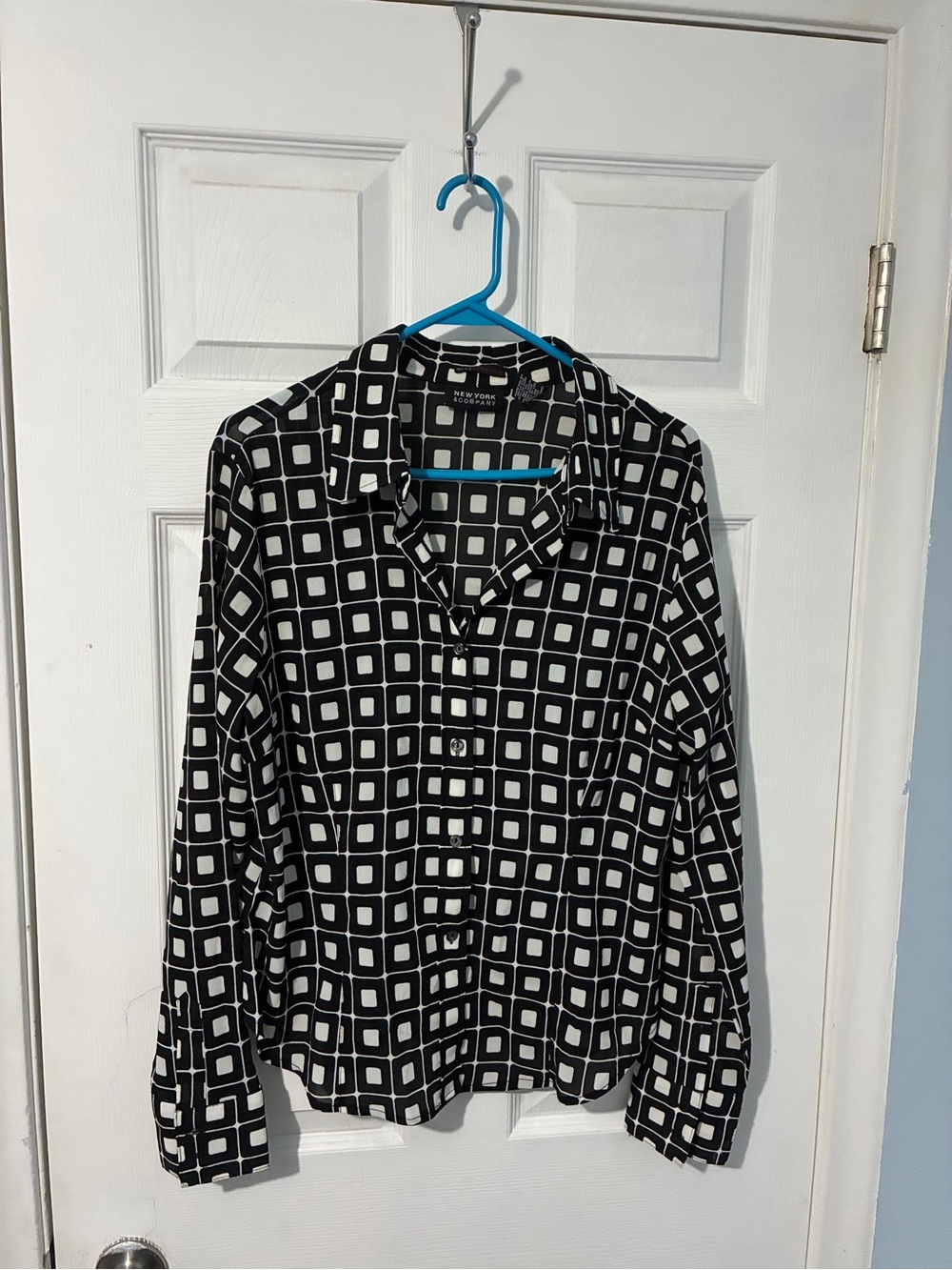 New York & Company Black and White Square-Print Button-Down Shirt